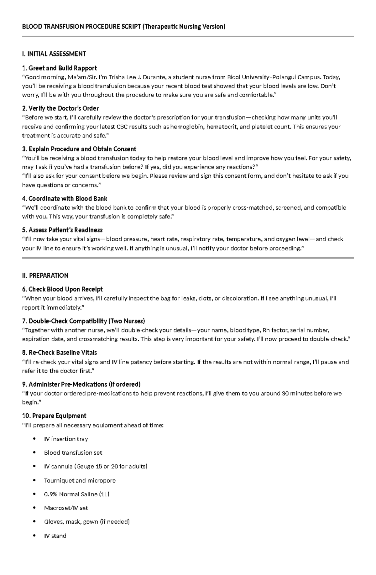 BLOOD TRANSFUSION PROCEDURE SCRIPT (Therapeutic Nursing) - Studocu