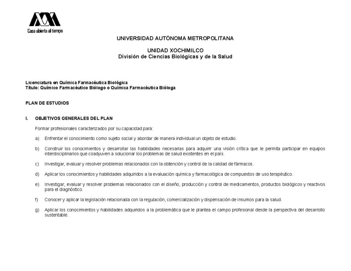 Plan de Estudios Lic. en Química Farmacéutica Biológica (QFB) - UAM