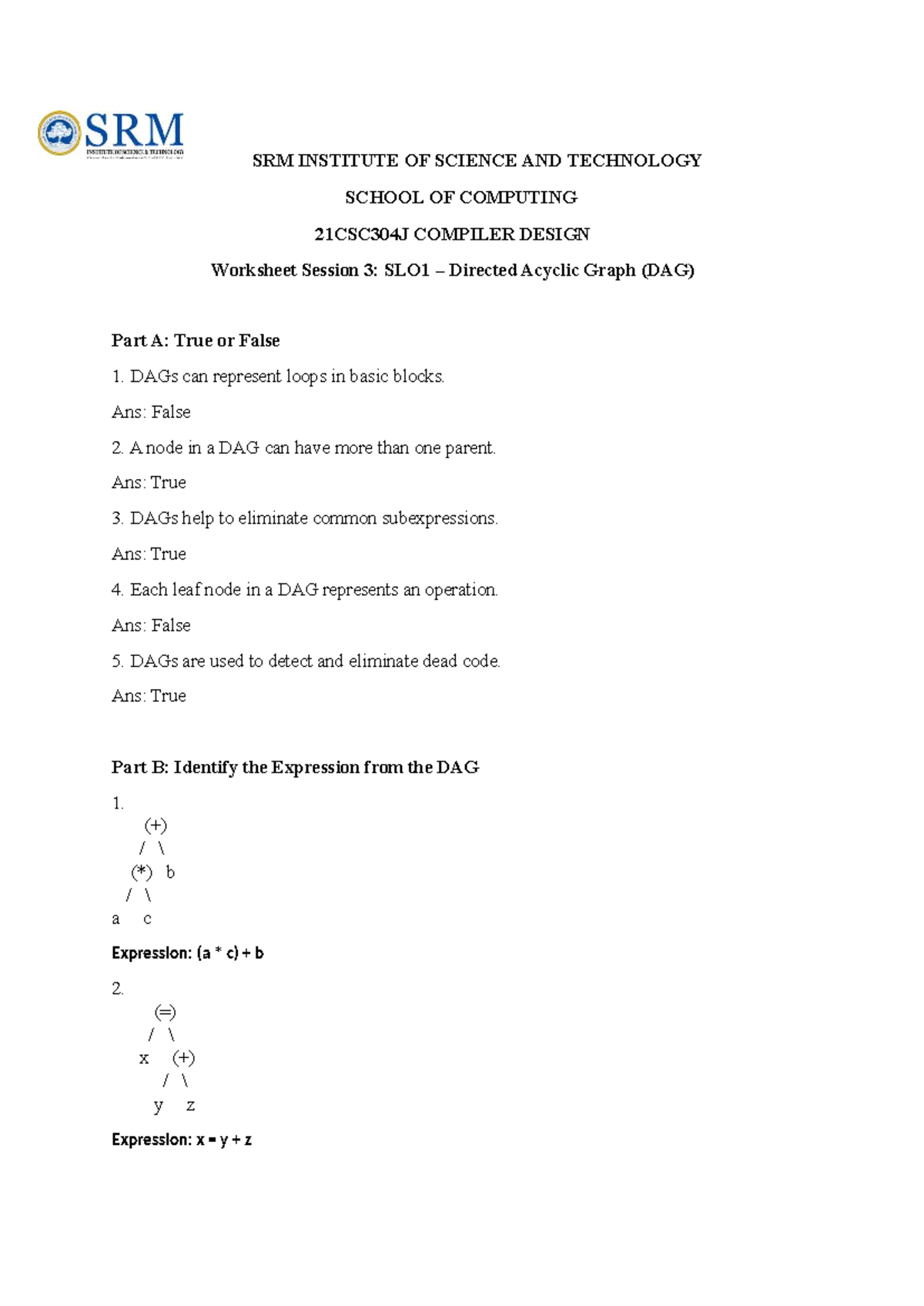21CSC304J Compiler Design Worksheet S3: DAG True/False & Expressions ...