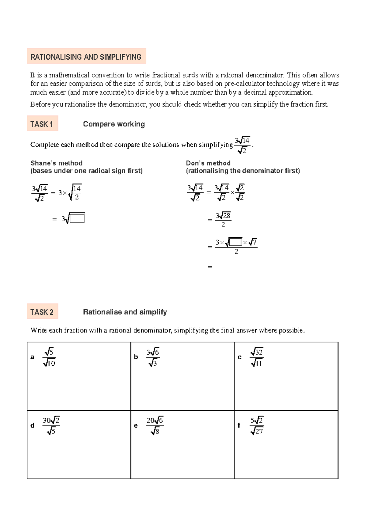 Rationalising & Simplifying: Methods & Comparisons in Math - Studocu