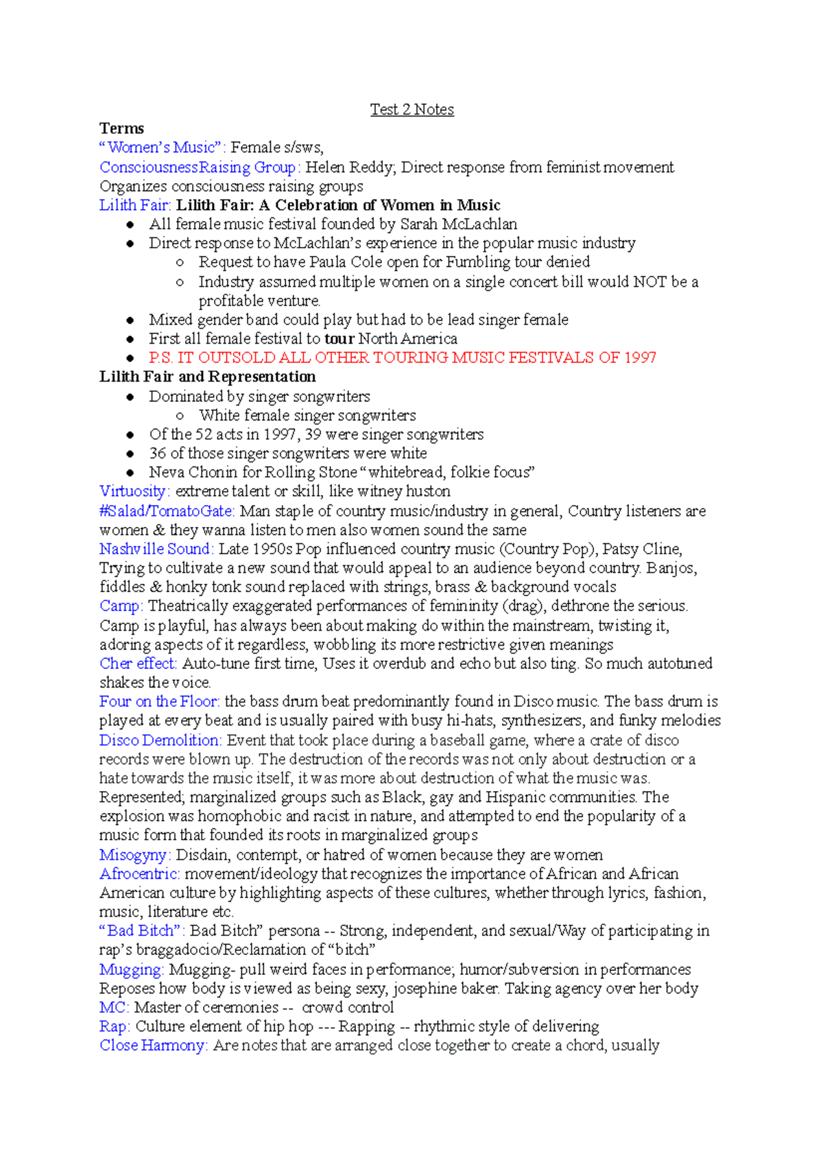 WST 202: Test 2 Notes on Women's Music and Representation - Studocu