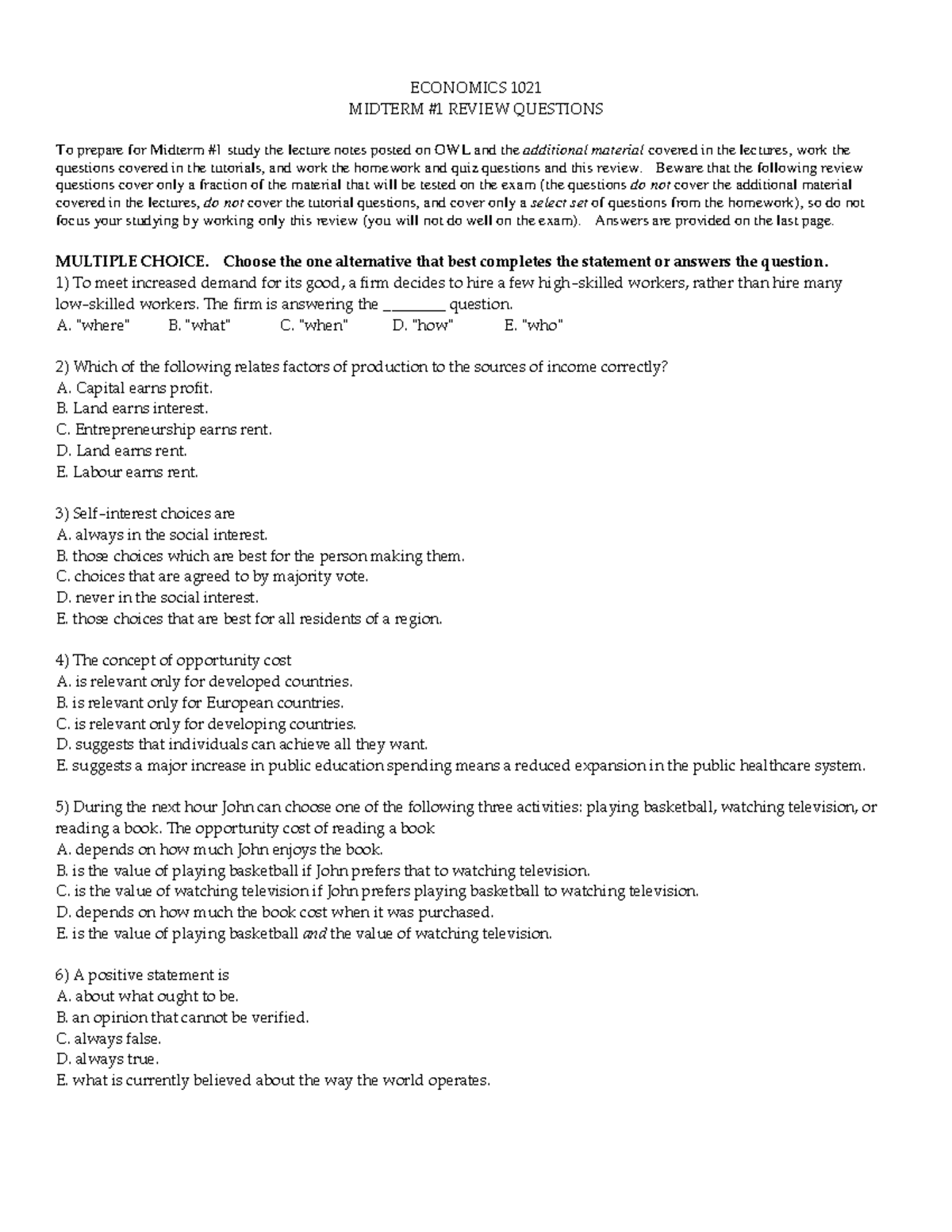 ECON 1021 Midterm 1 Review Questions & Answers Guide - Studocu