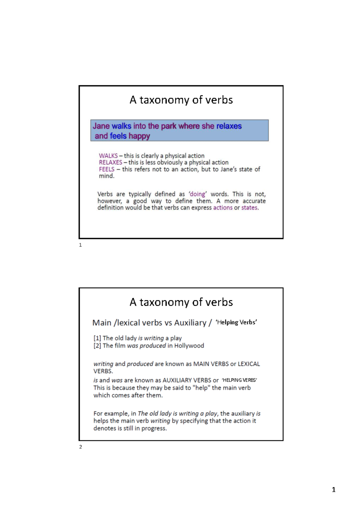 A Taxonomy of Verbs: Semantic and Syntactic Classifications (ING 2 ...