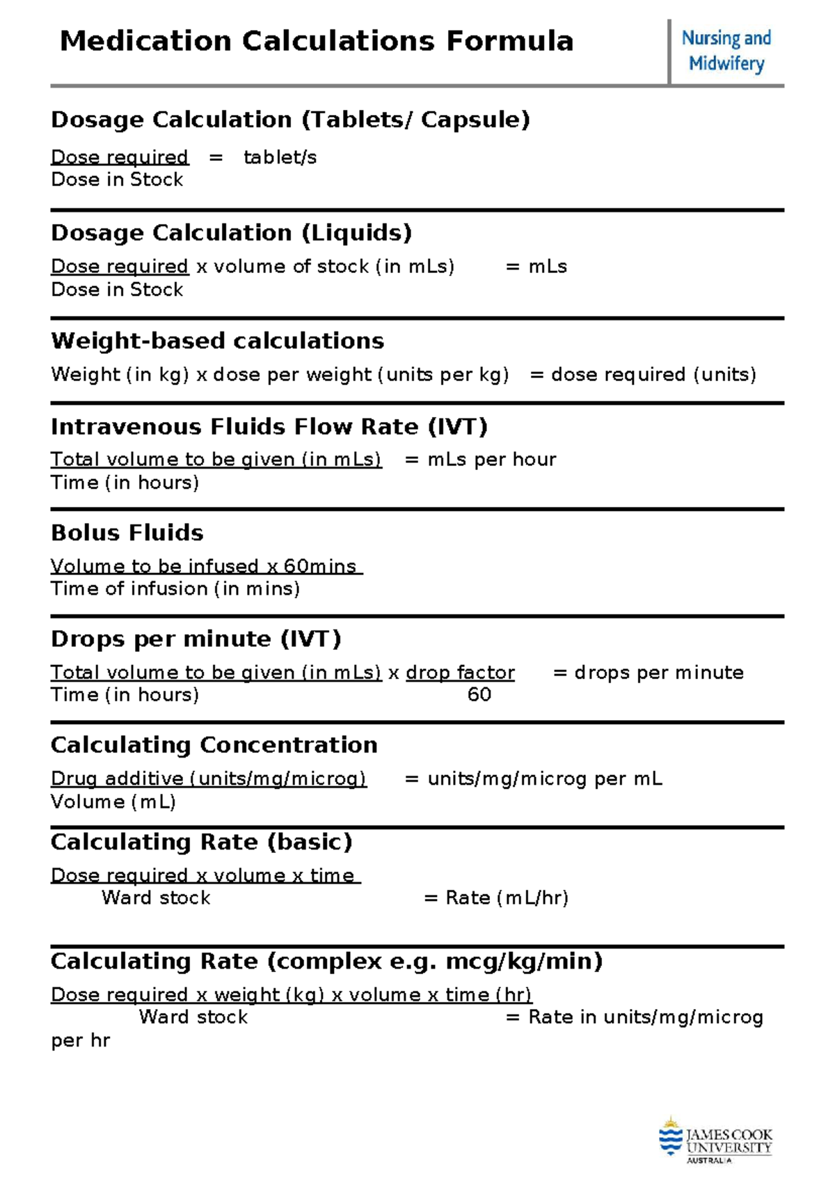 Medication Calculations Formulas (2025) for Dosage & IV Fluids - Studocu