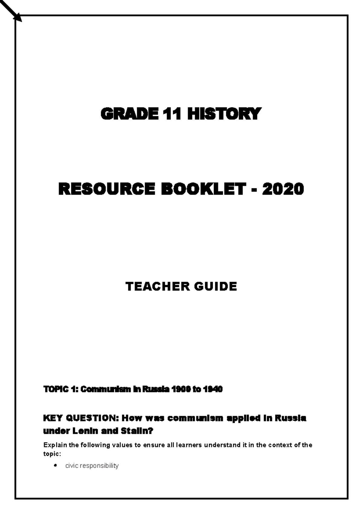 Grade 11 History Teacher Guide: Communism in Russia (1900-1940) - Studocu