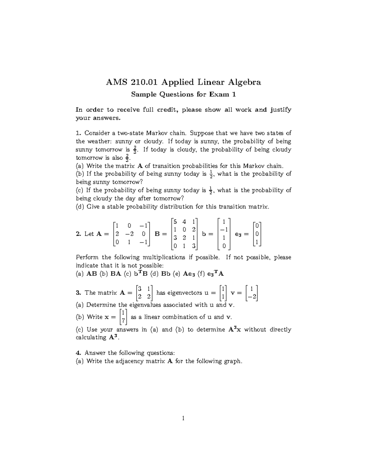 AMS 210.01 Applied Linear Algebra Sample Questions for Exam 1 - Studocu