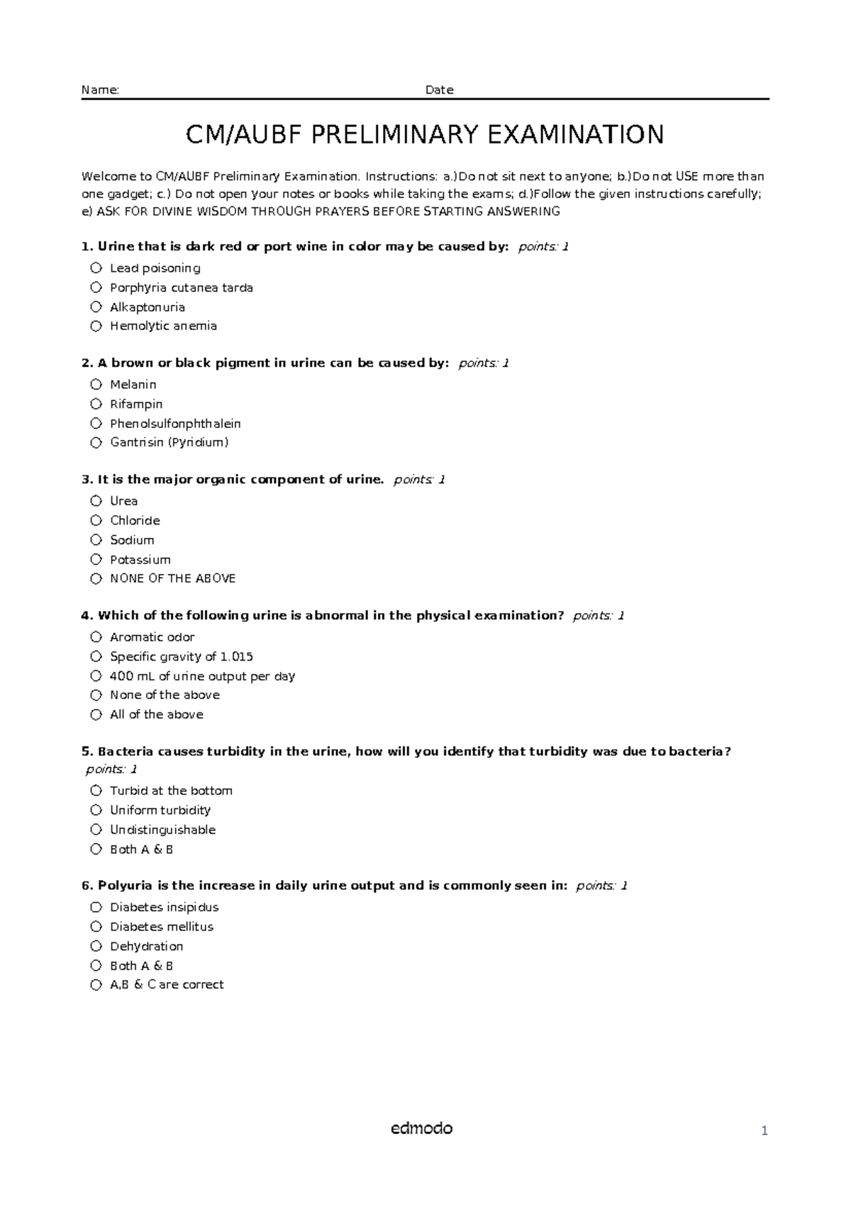 CM AUBF Preliminary Exam Guidelines and Sample Questions - Studocu