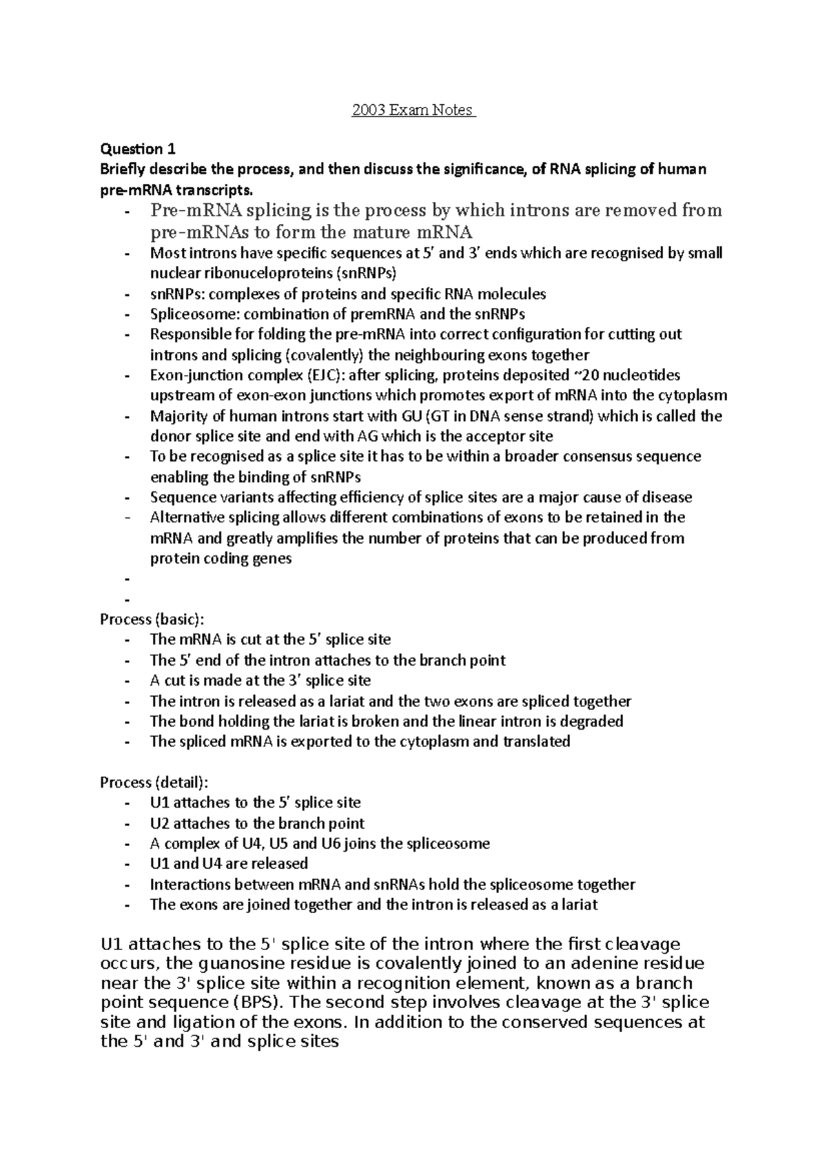 2003 Biochemistry Final Exam Study Notes on RNA Splicing & FISH - Studocu