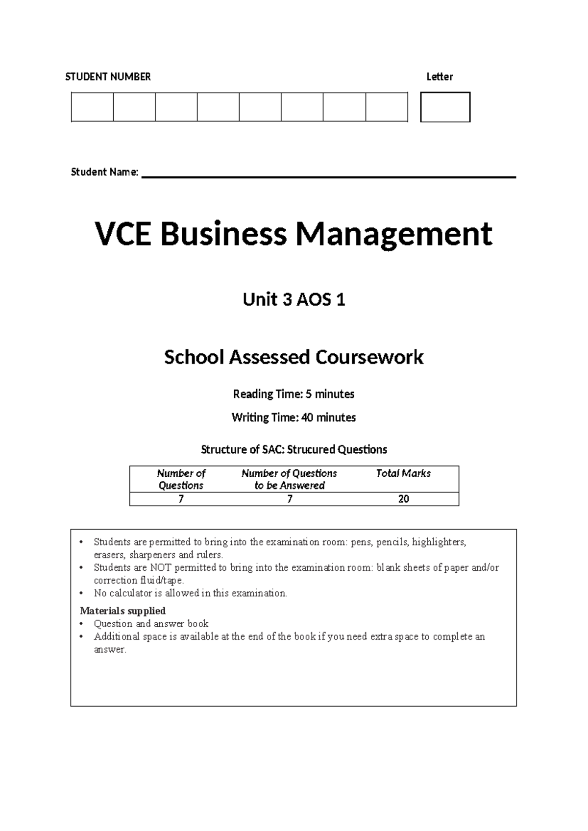 2024 VCE Business Management Unit 3 AOS 1 Practice SAC - Studocu