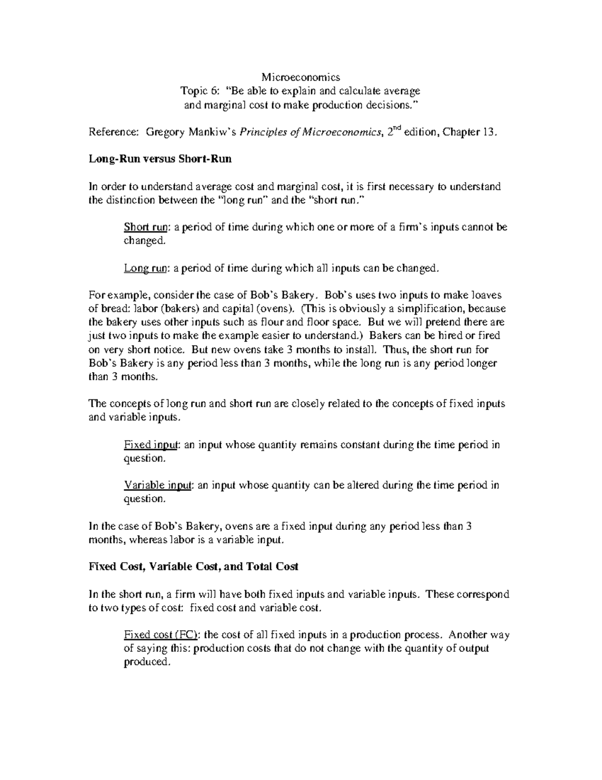 Microeconomics Topic 6: Average and Marginal Cost Analysis for Bakery ...