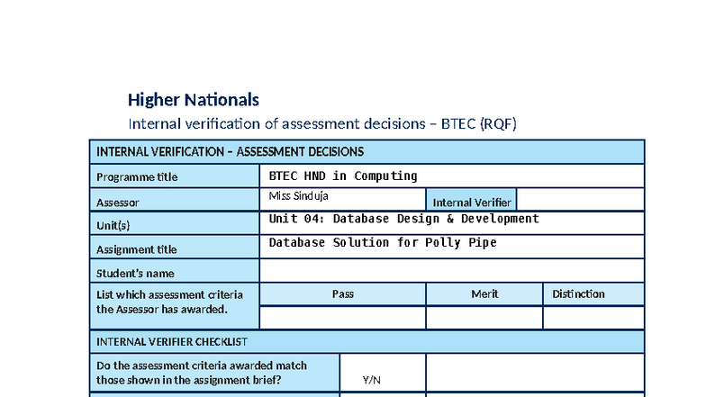 BTEC HND Computing Unit 04: Database Design Development Assignment 01 ...