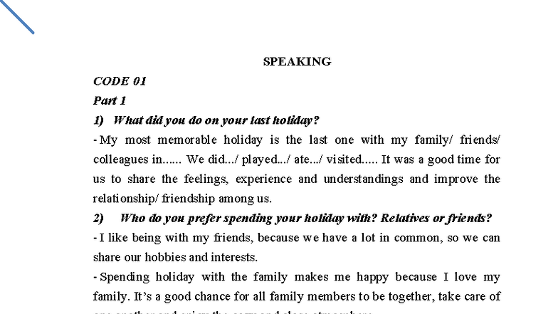 Speaking CODE 01: Holiday Experiences and Personal Preferences - Studocu