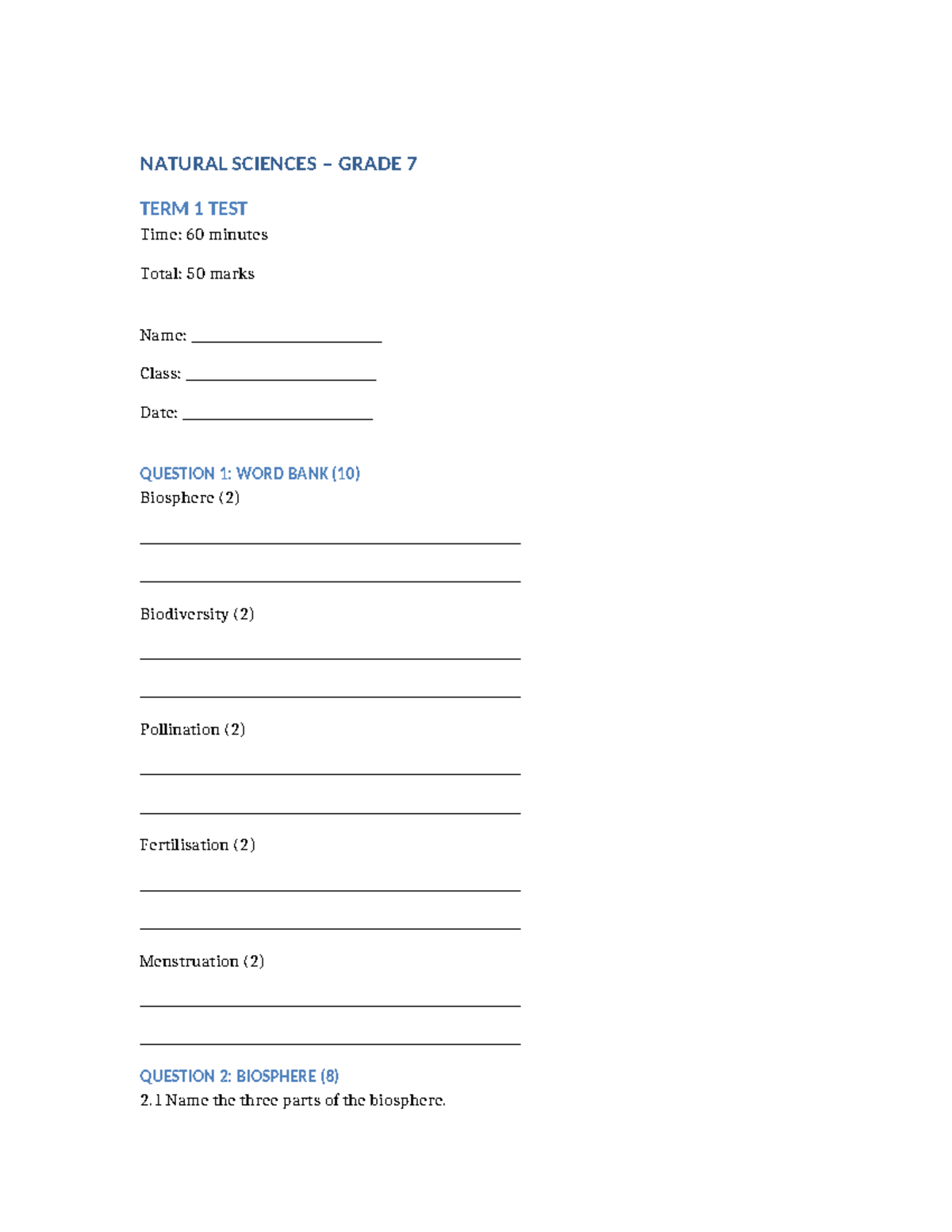 Grade 7 Natural Sciences Term 1 Test & Memo - Studocu