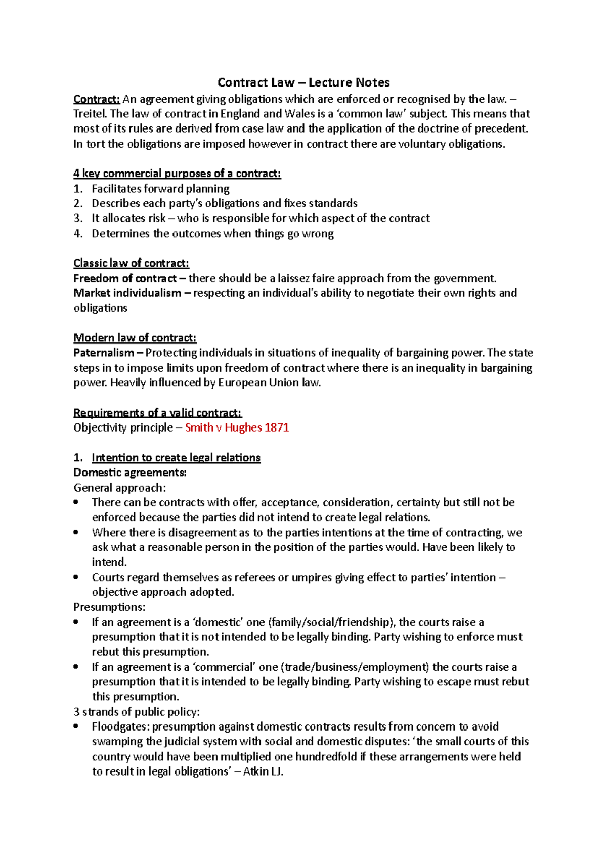 Contract Law - Lecture Notes (LAW101) for Semester 1 Study - Studocu
