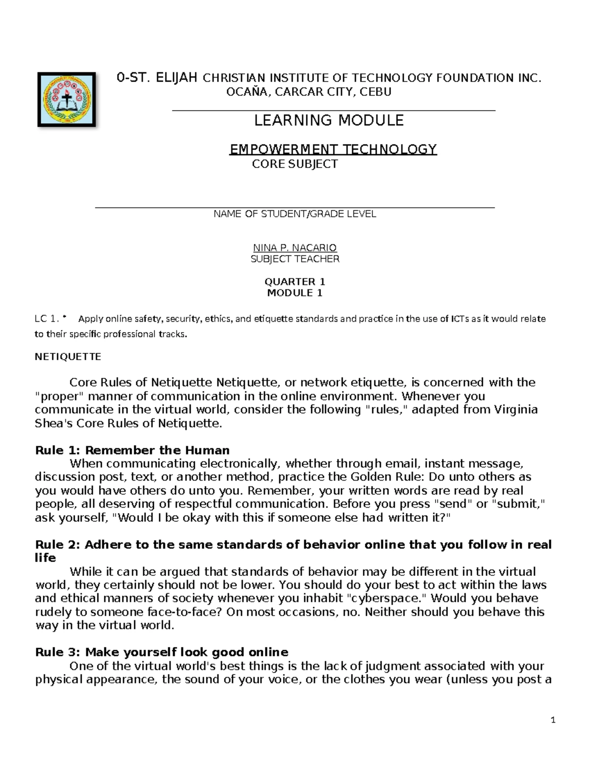 First Mastery Test in Empowerment Tech (Edu 101) - Identification ...