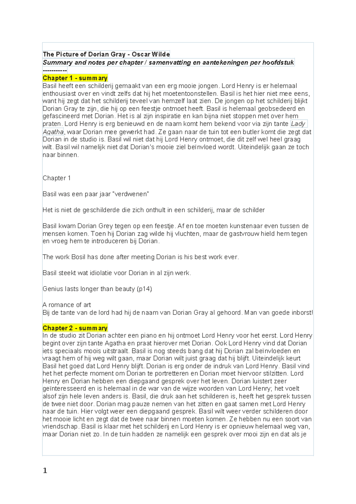 The Picture of Dorian Gray (ENG 101) Chapter Summaries and Notes - Studocu