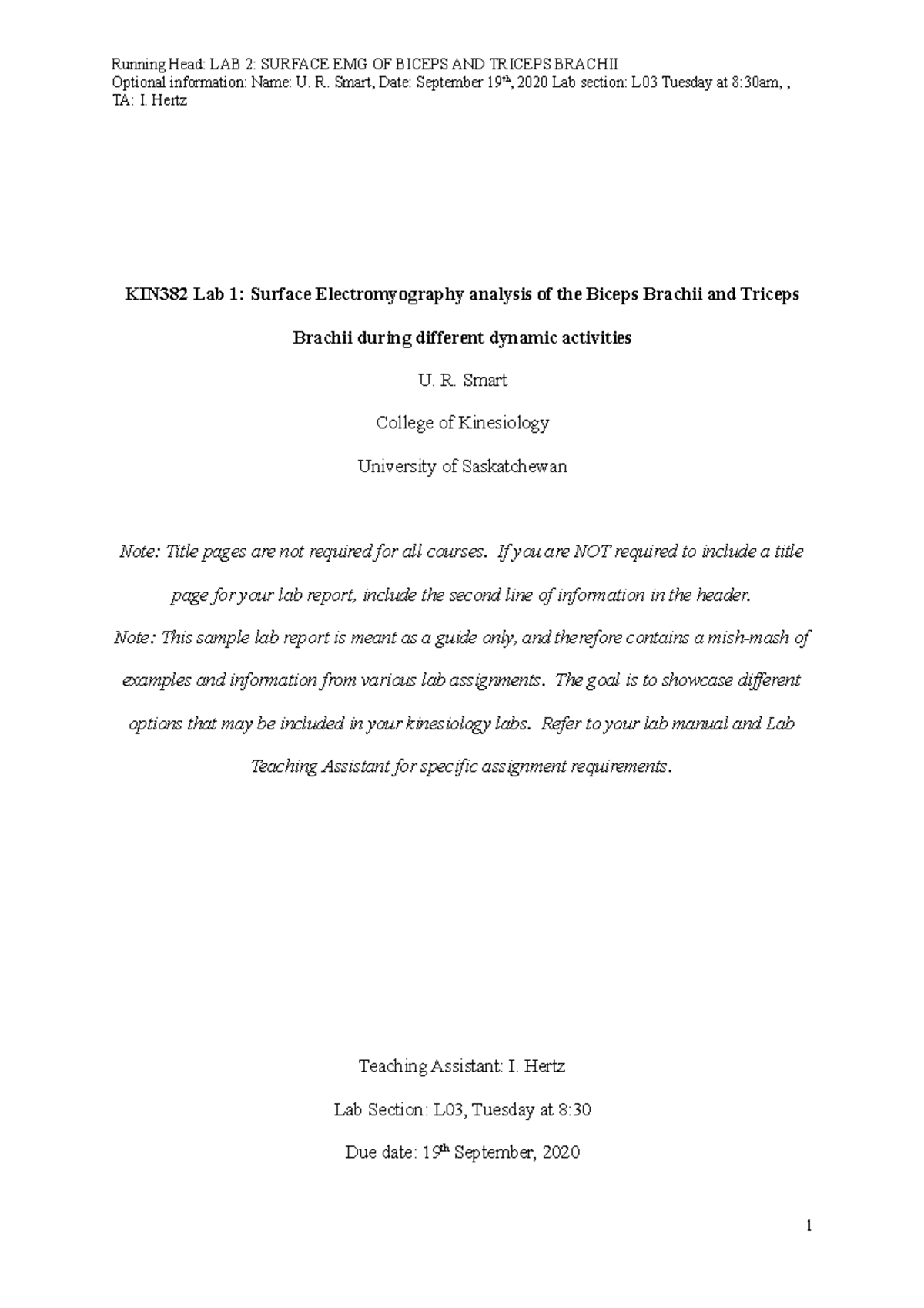 KIN382 Lab Report: Surface EMG Analysis of Biceps and Triceps - Studocu
