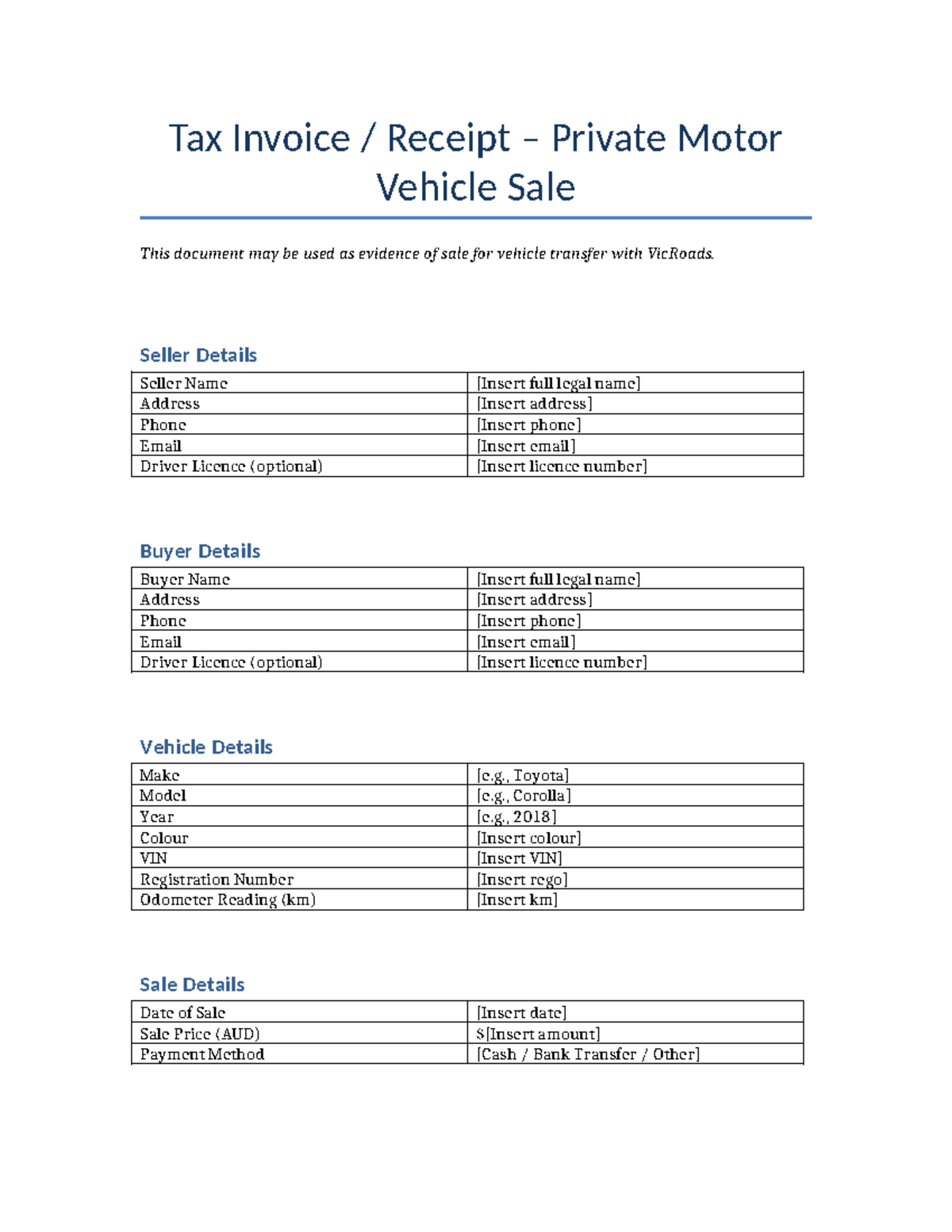 VicRoads Private Motor Vehicle Sale Invoice Template - Studocu
