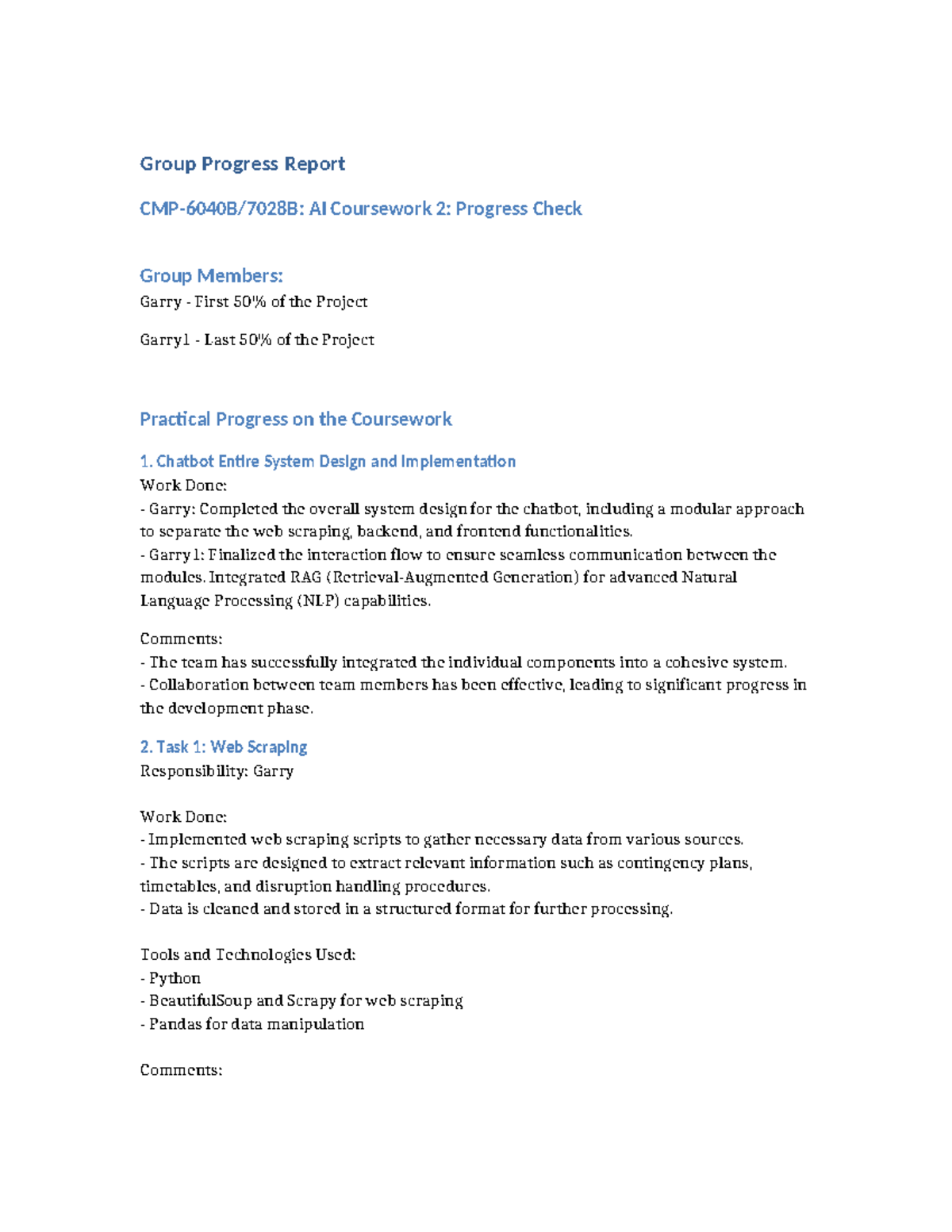 CMP-6040B/7028B: Group Progress Report on AI Chatbot Project - Studocu