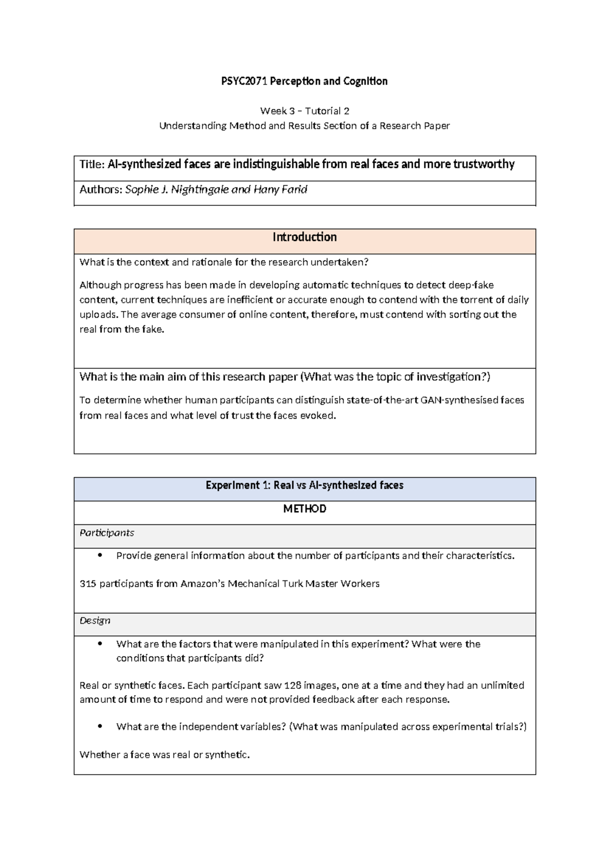 PSYC2071 Perception and Cognition Week 3 Tutorial: Method & Results ...