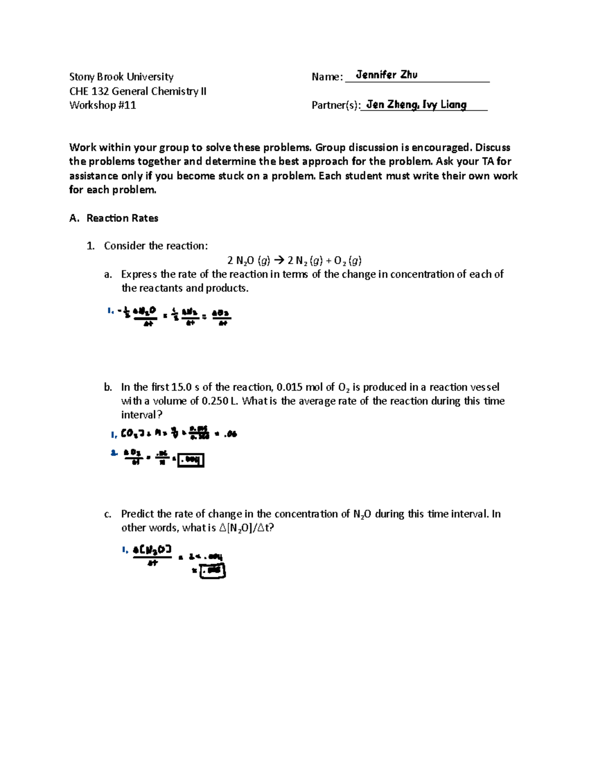Stony Brook University CHE 132 General Chemistry II Workshop 11 ...