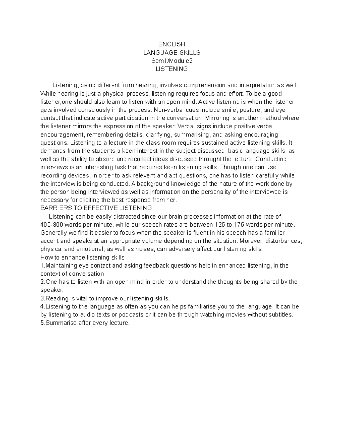 English Listening Skills - Sem1 Lecture Notes on Effective Listening ...