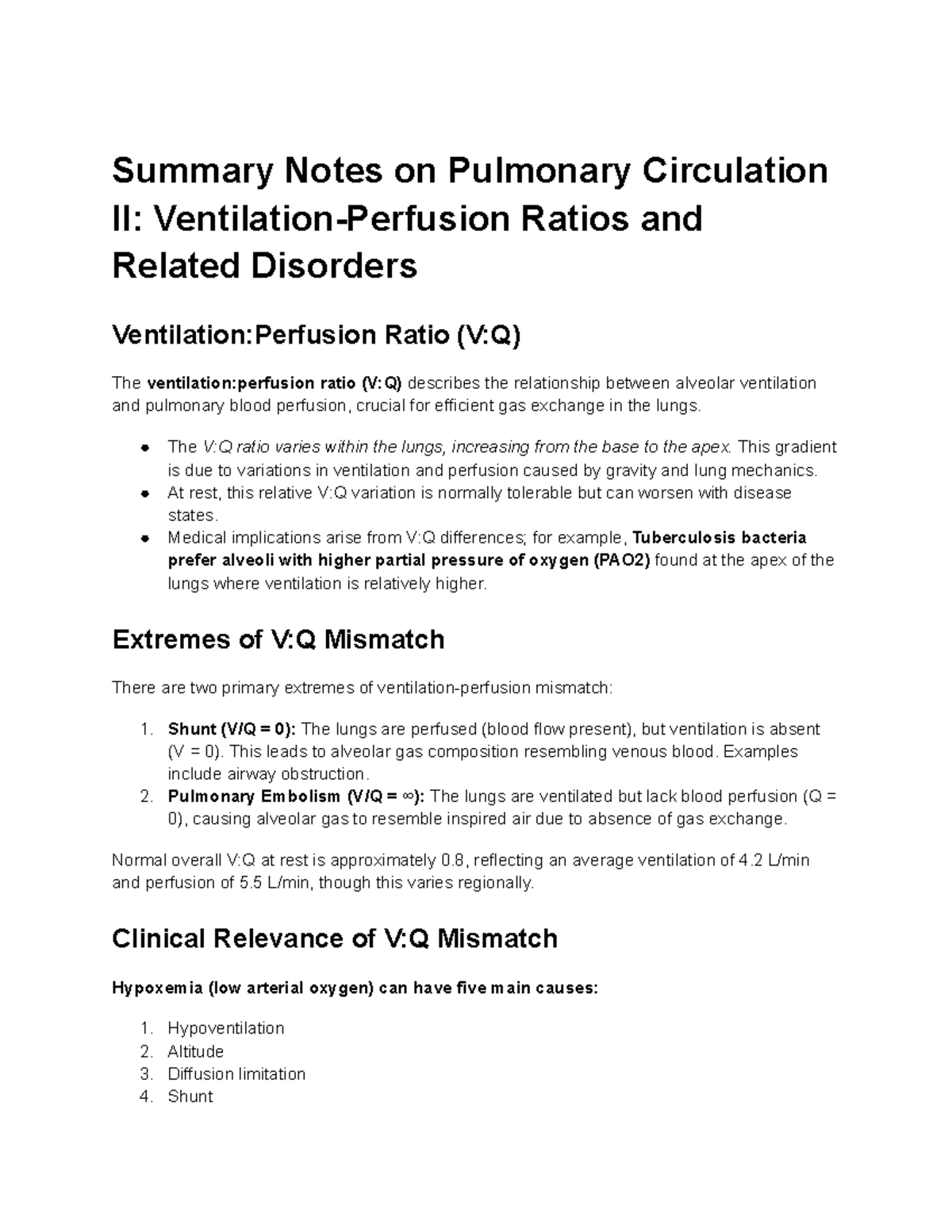 Pulmonary Circulation II: V:Q Ratio & Disorders Summary Notes - Studocu