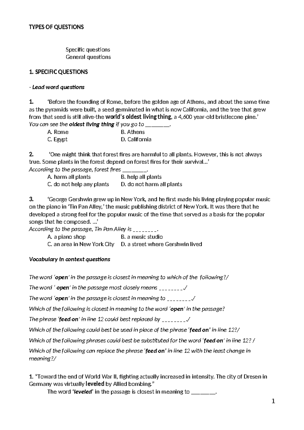 Reading Comprehension Questions: Types and Examples (ENG 101) - Studocu