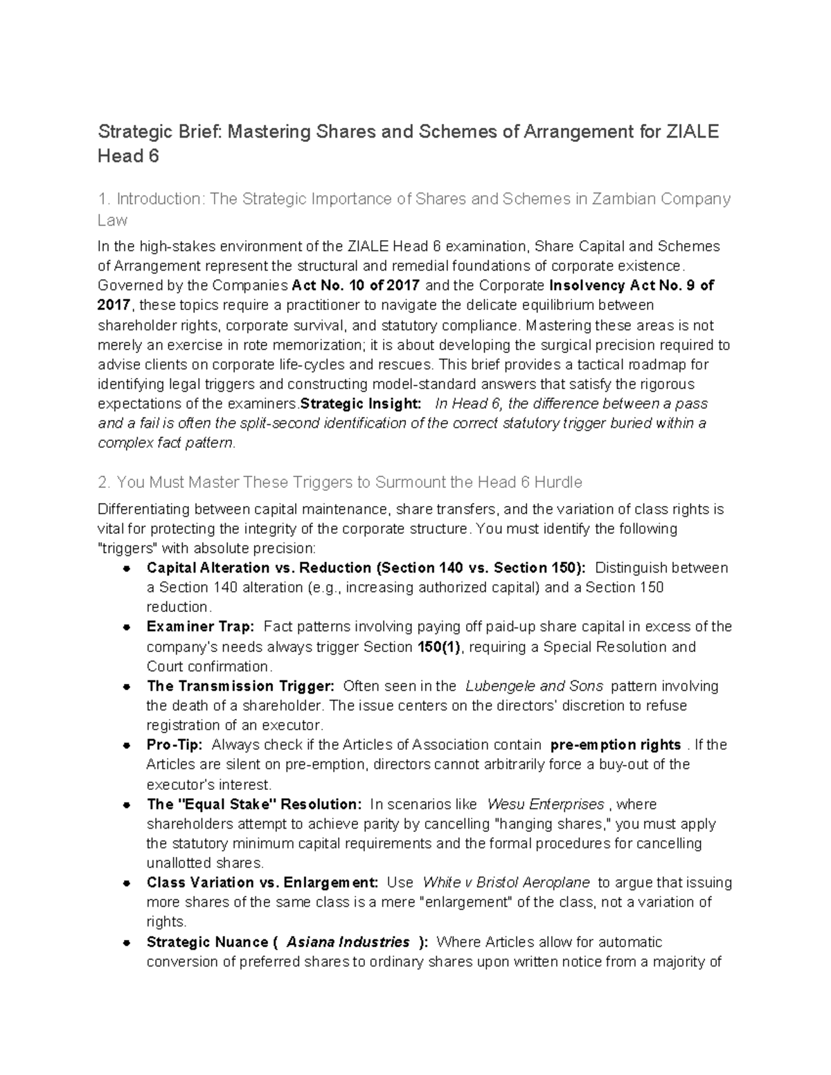 Strategic Brief: Mastering Shares & Schemes for ZIALE Head 6 Exam - Studocu