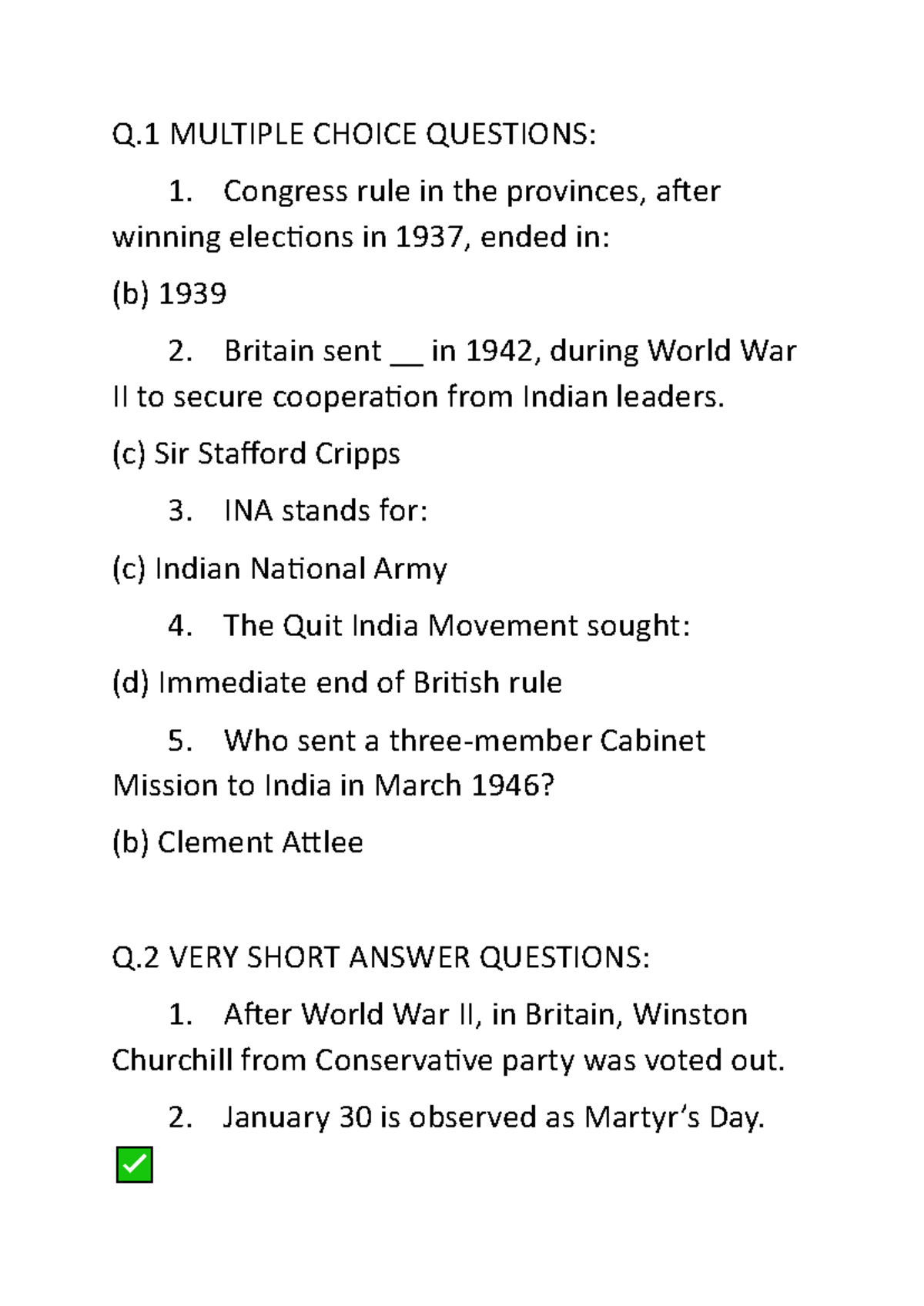 History - MCQs, Short & Long Answers on Indian Independence Movement ...