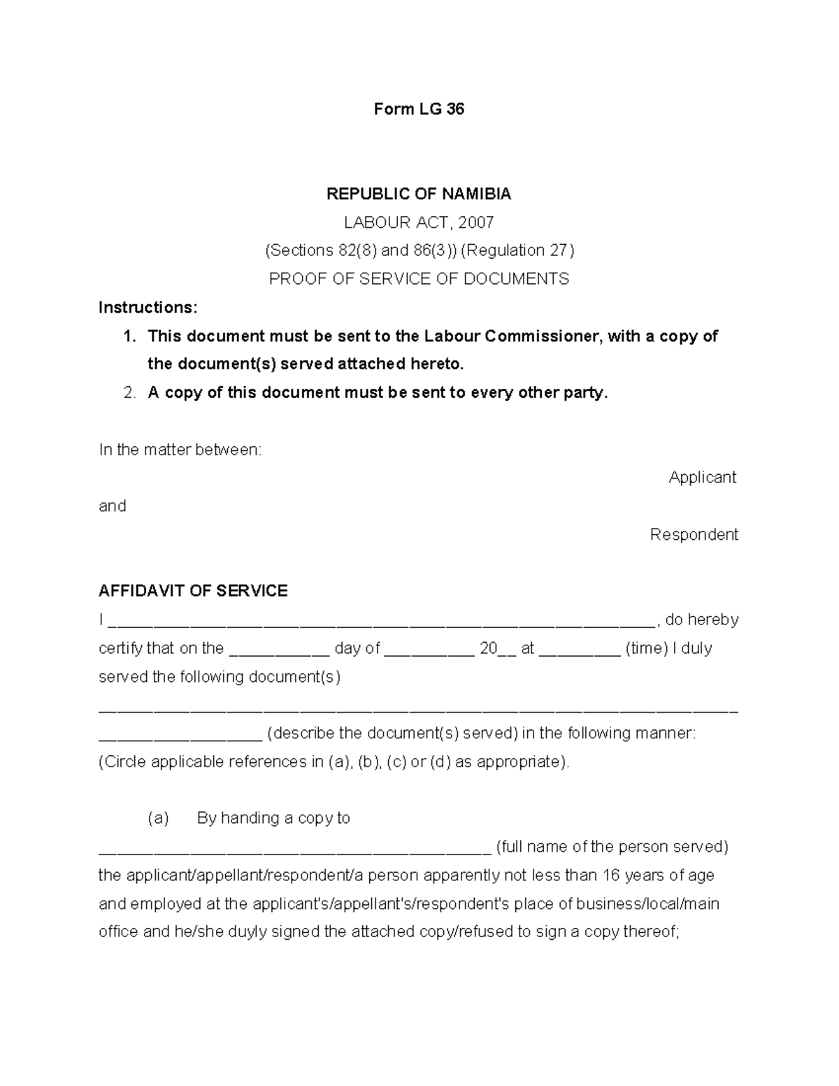 Form LG 36 - Proof of Service of Documents under Labour Act, 2007 - Studocu