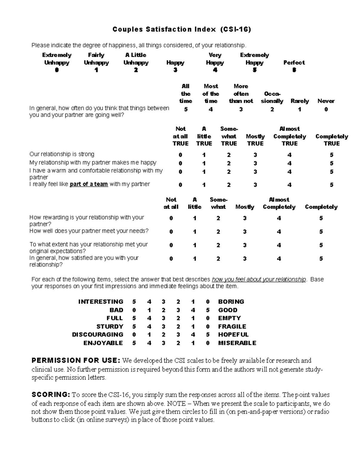 CSI-16 Couples Satisfaction Index: Practical Scale for Relationship ...