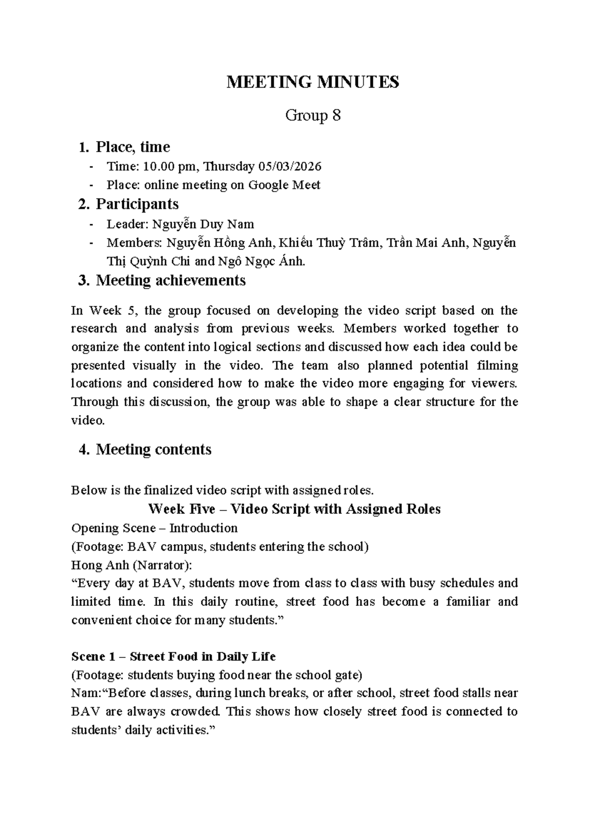 Meeting Minutes Week 5 - Group 8 Video Script Development - Studocu