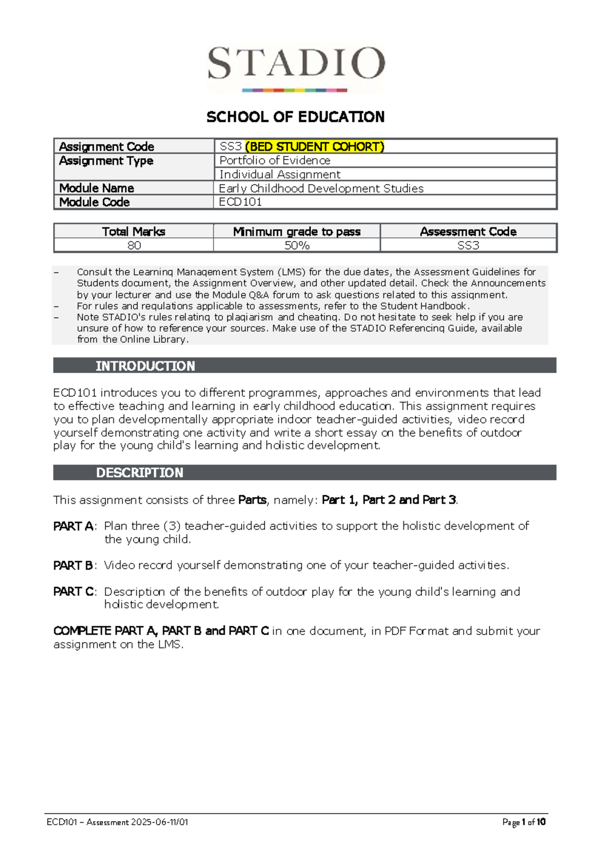 ECD101 SS3 Portfolio of Evidence: Early Childhood Development ...