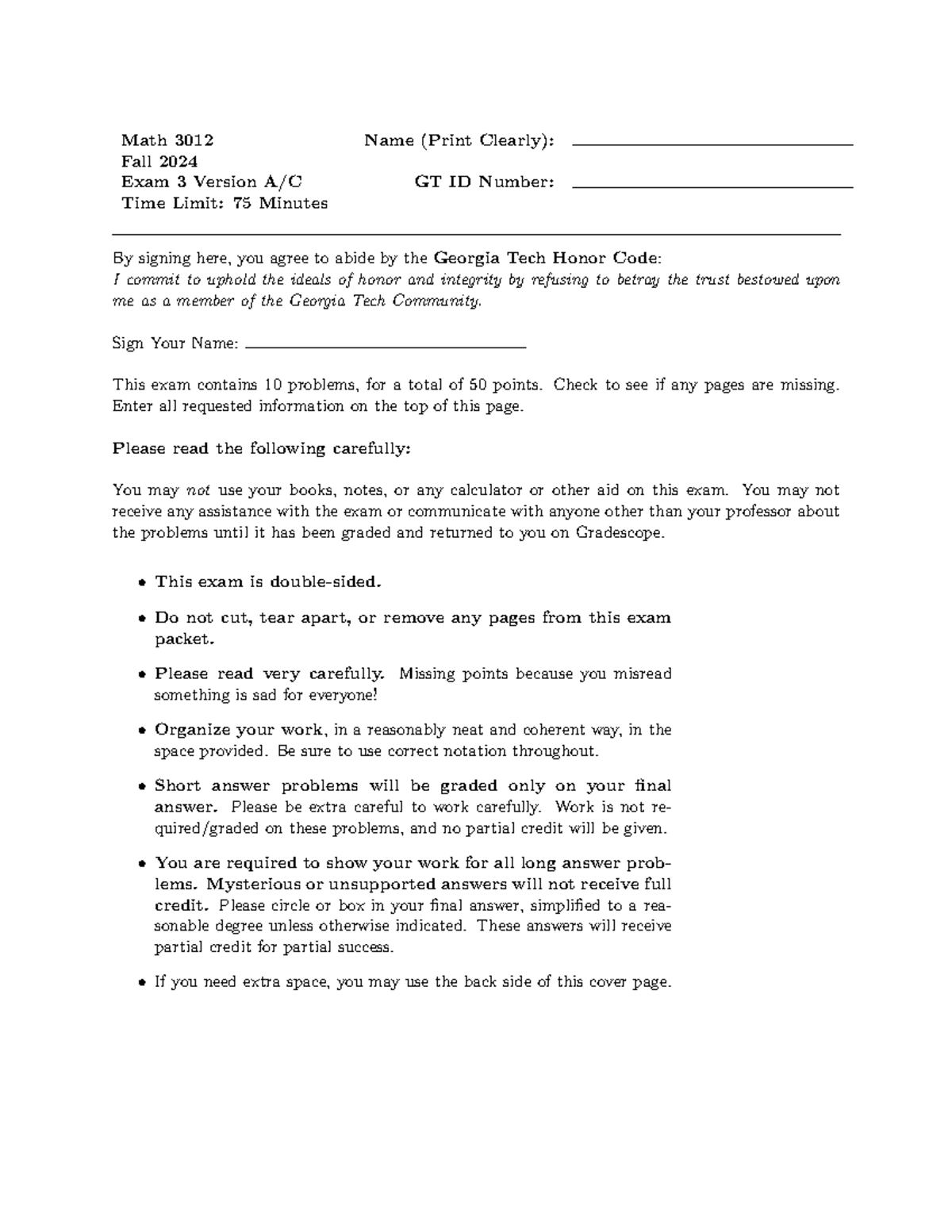 Math 3012 Fall 2024 Exam 3 Guidelines and Instructions - Studocu