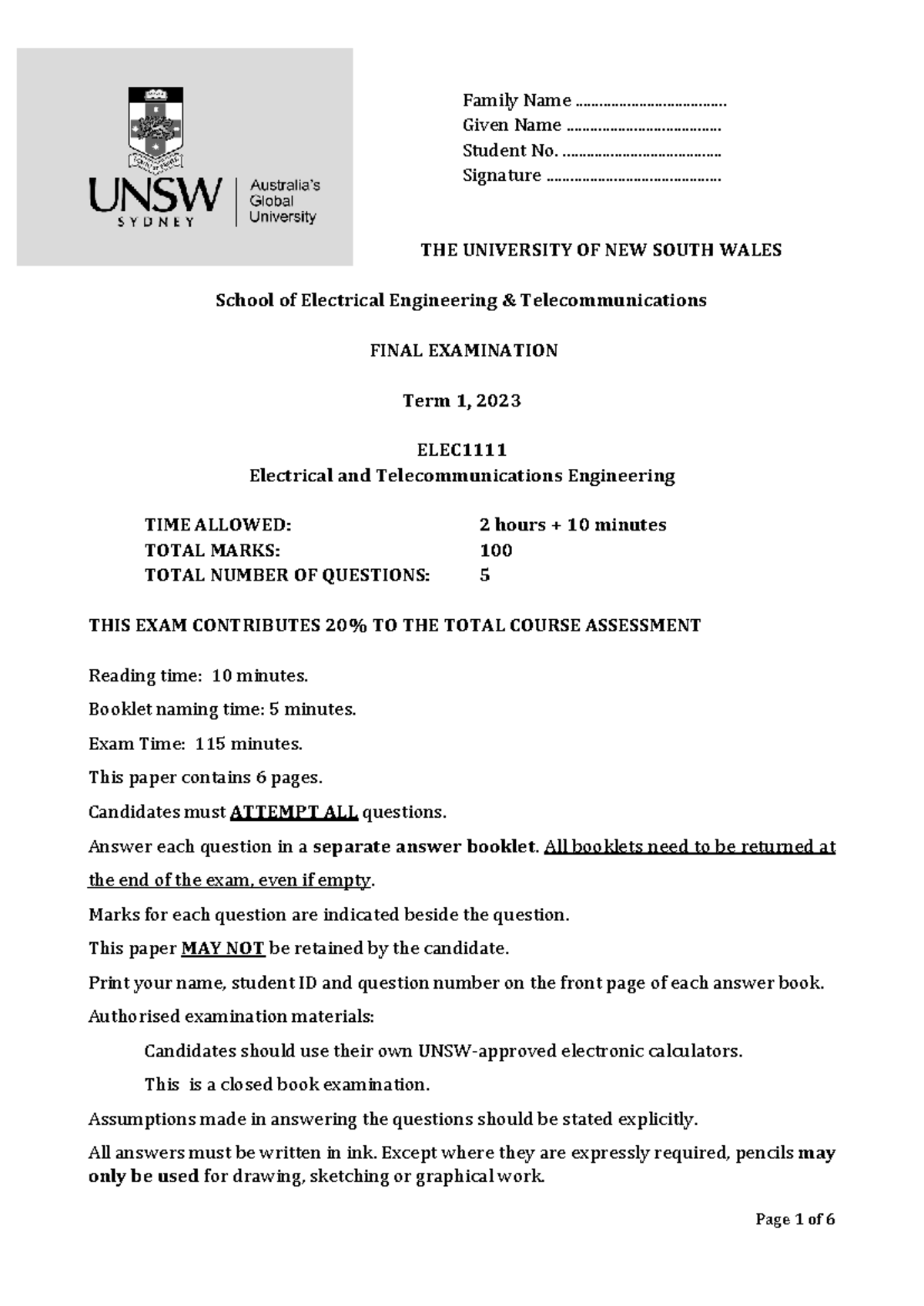 ELEC1111 Final Exam 2023 Term 1 - Electrical Engineering - Studocu