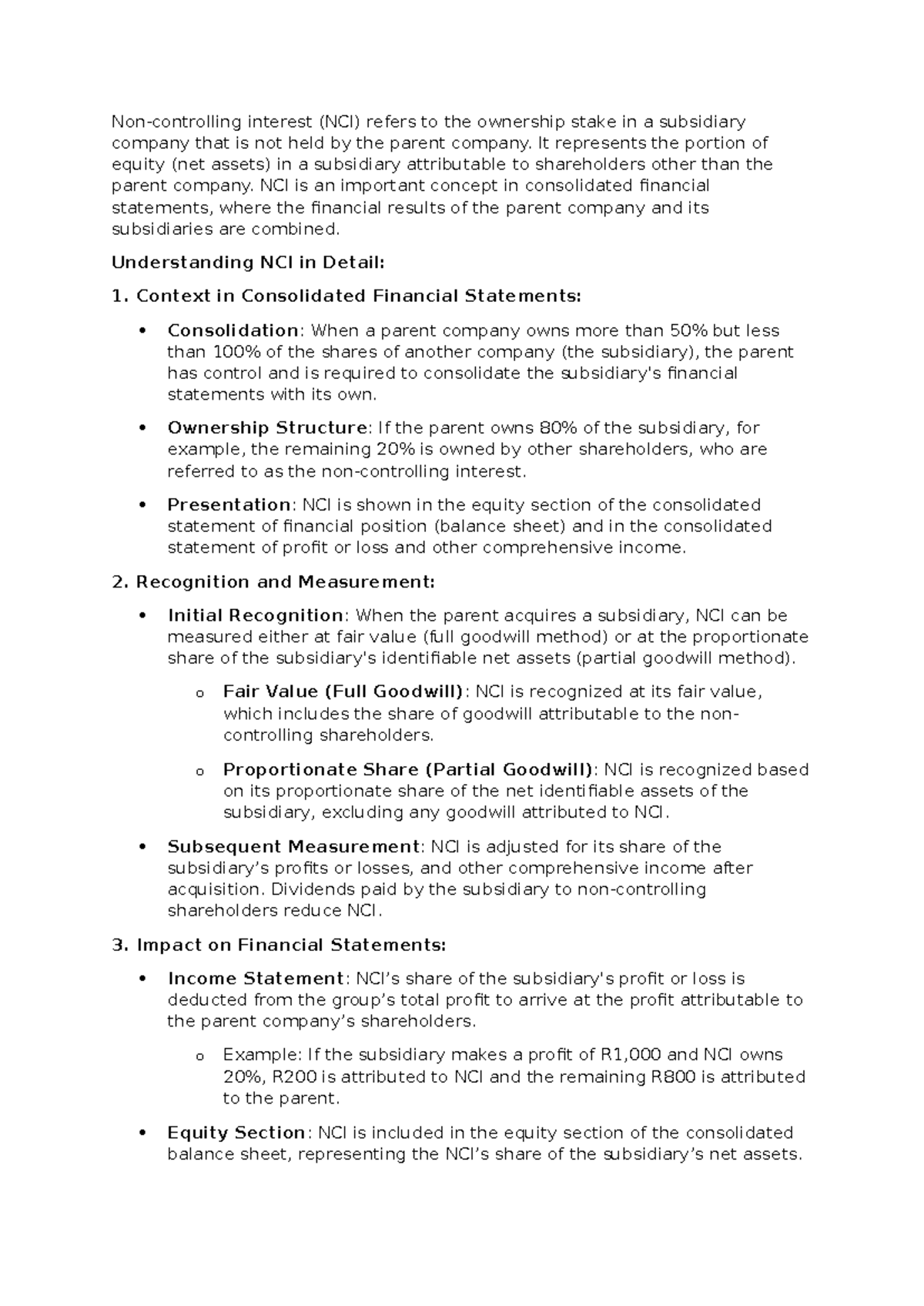 NCI NTES - Understanding Non-controlling Interest in Finance - Studocu