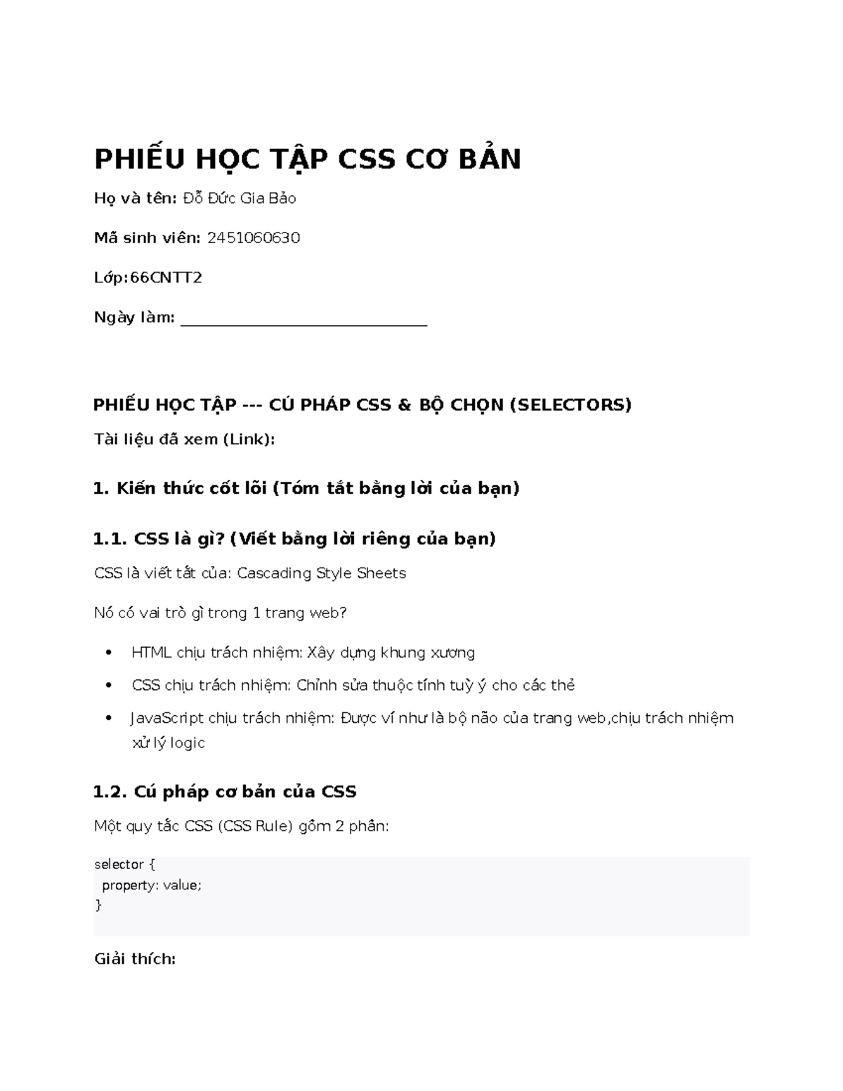 Phiếu Học Tập CSS Cơ Bản - BTTH02 - K66 - Studocu