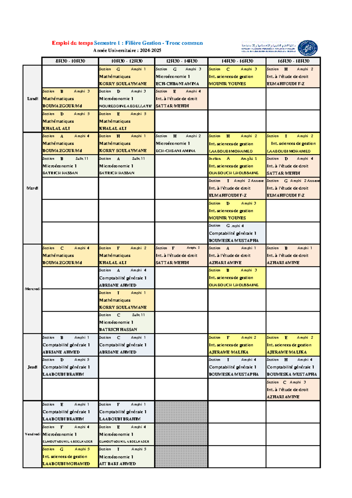 Emploi du temps S1 Gestion TC : Semestre 1 - Année 2024-25 - Studocu