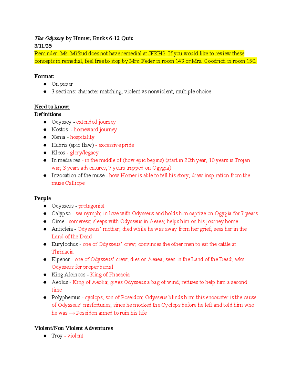 The Odyssey (HUM 101) Books 6-12 Quiz Study Guide and Key Concepts ...