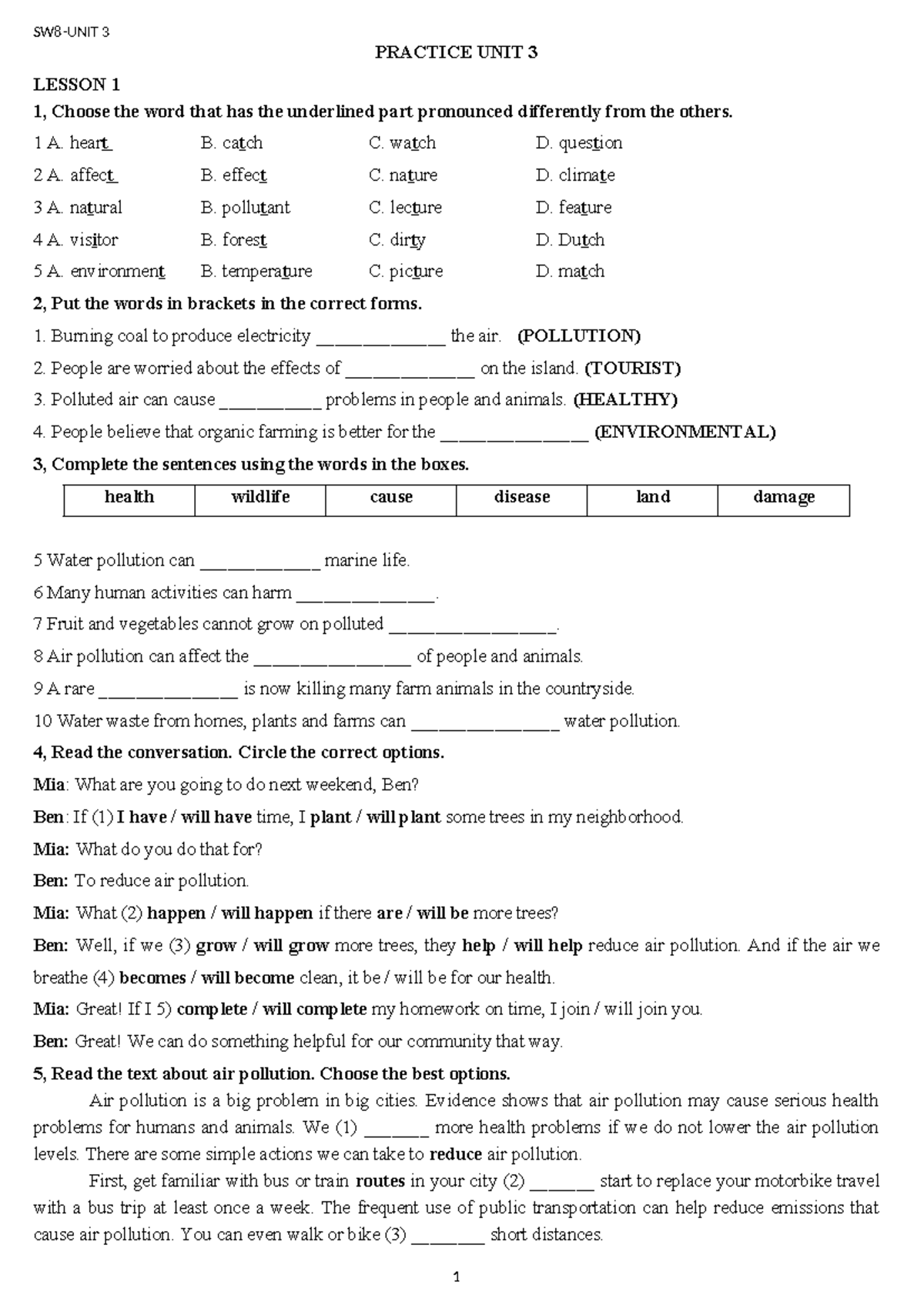 SW8 Unit 3 - Lesson 1: Air Pollution Practice Exercises - Studocu