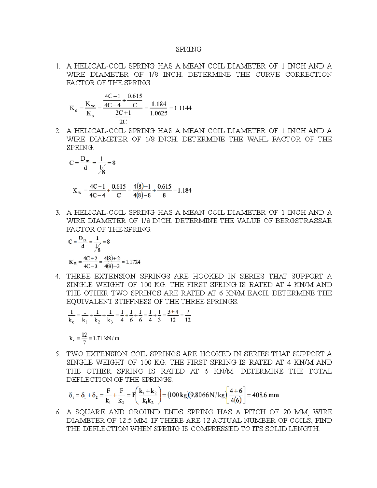 Mechanical Engineering Problem Sets and Solutions - Spring Analysis ...
