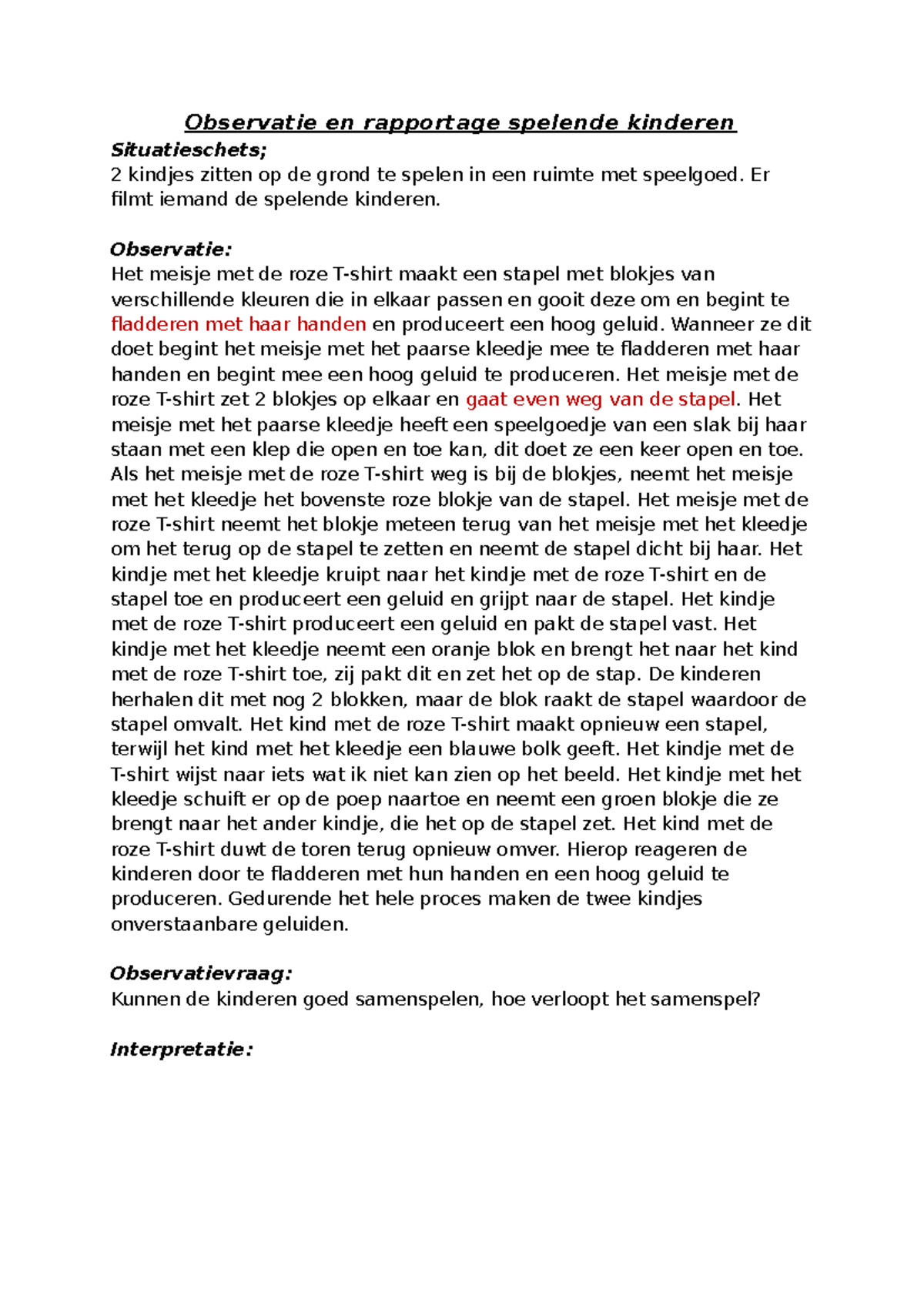 Observatie en Rapportage van Samenspelende Kinderen: Een Analyse - Studocu