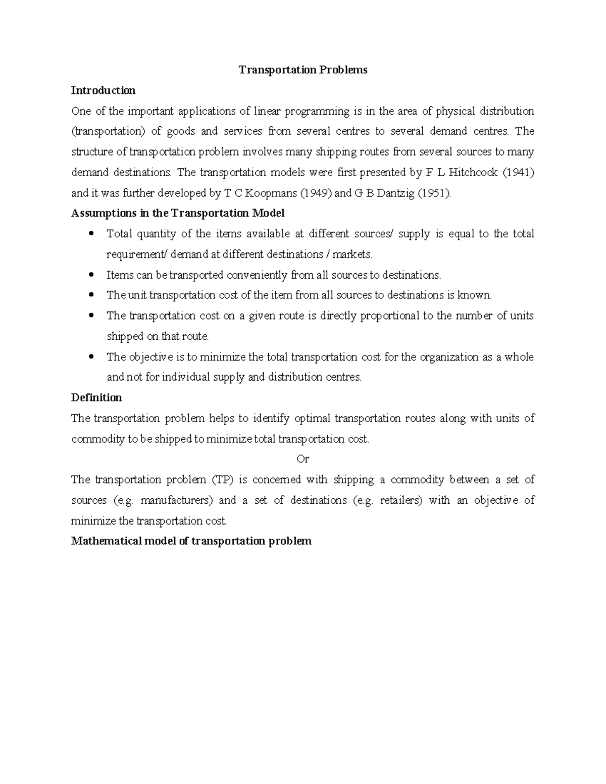 Transportation Problems: An Introduction to Linear Programming - Studocu