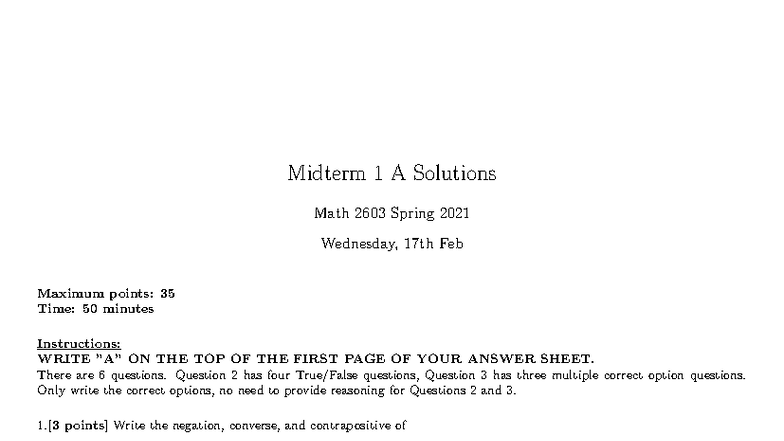 Midterm 1A Solutions - Math 2603 Spring 2021 Study Guide - Studocu