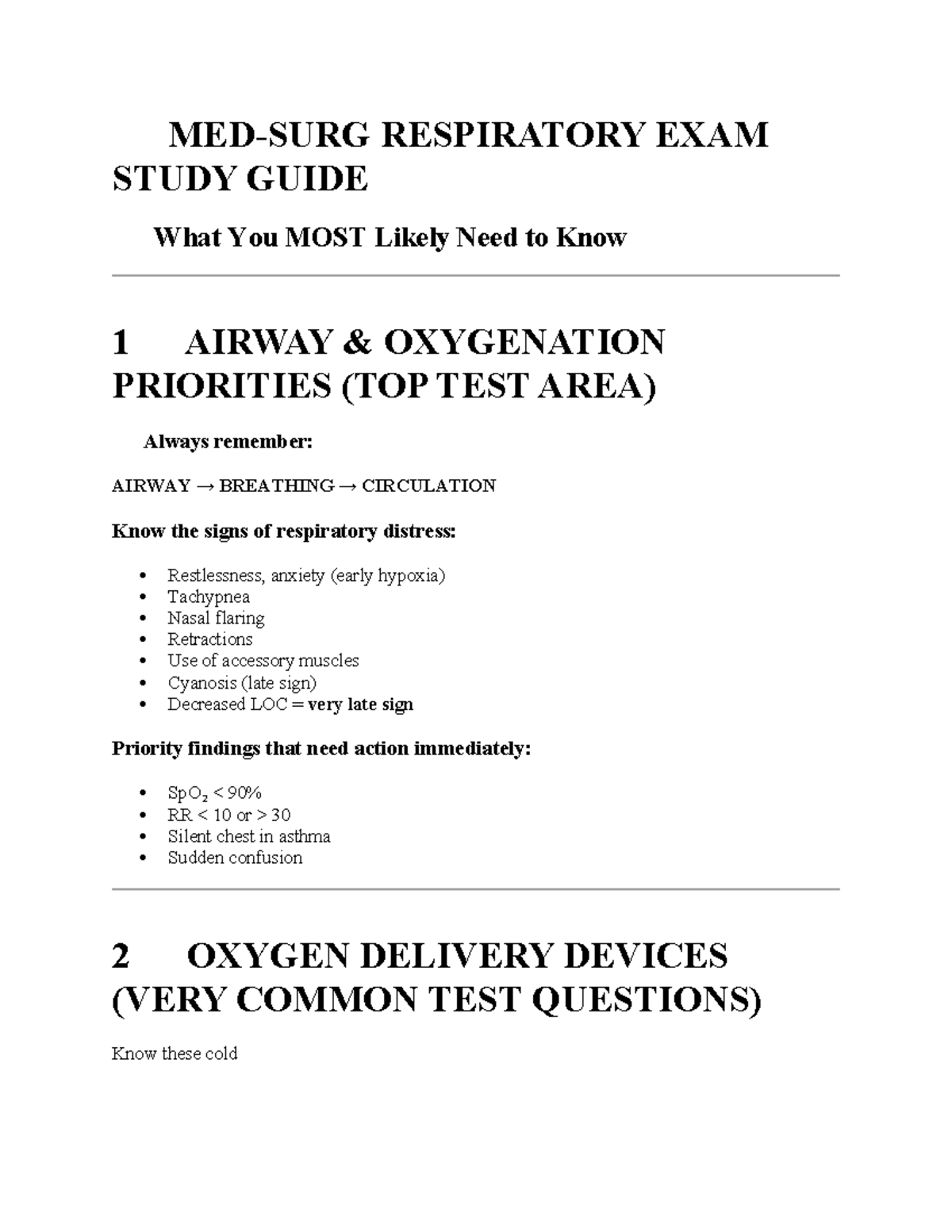 MED 101: Respiratory Exam Study Guide - Key Concepts & Priorities - Studocu