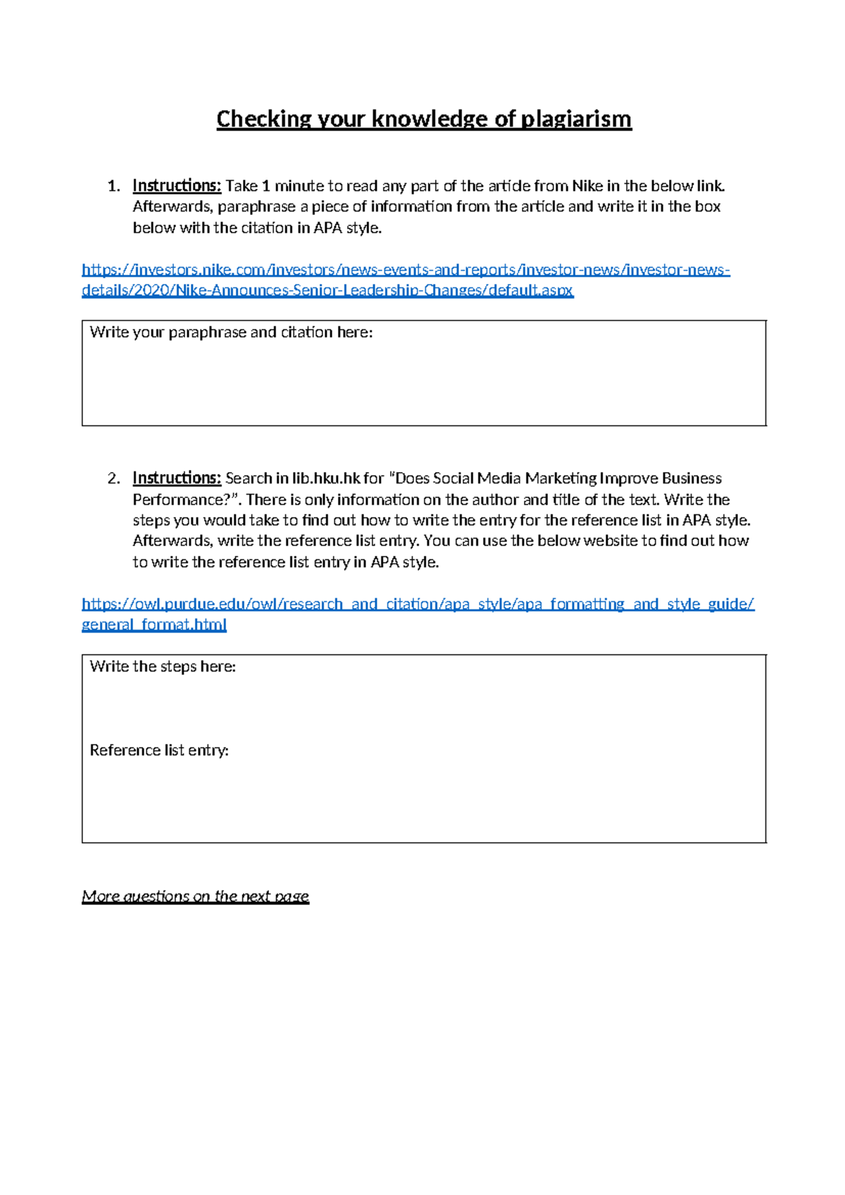 Plagiarism Prevention Self Study Tasks: A Guide to APA Style - Studocu