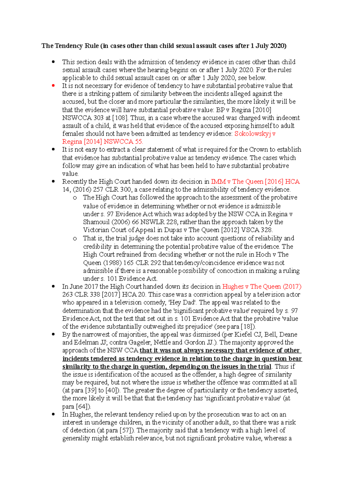 The Tendency Rule: Admission of Evidence Post 1 July 2020 Summary - Studocu