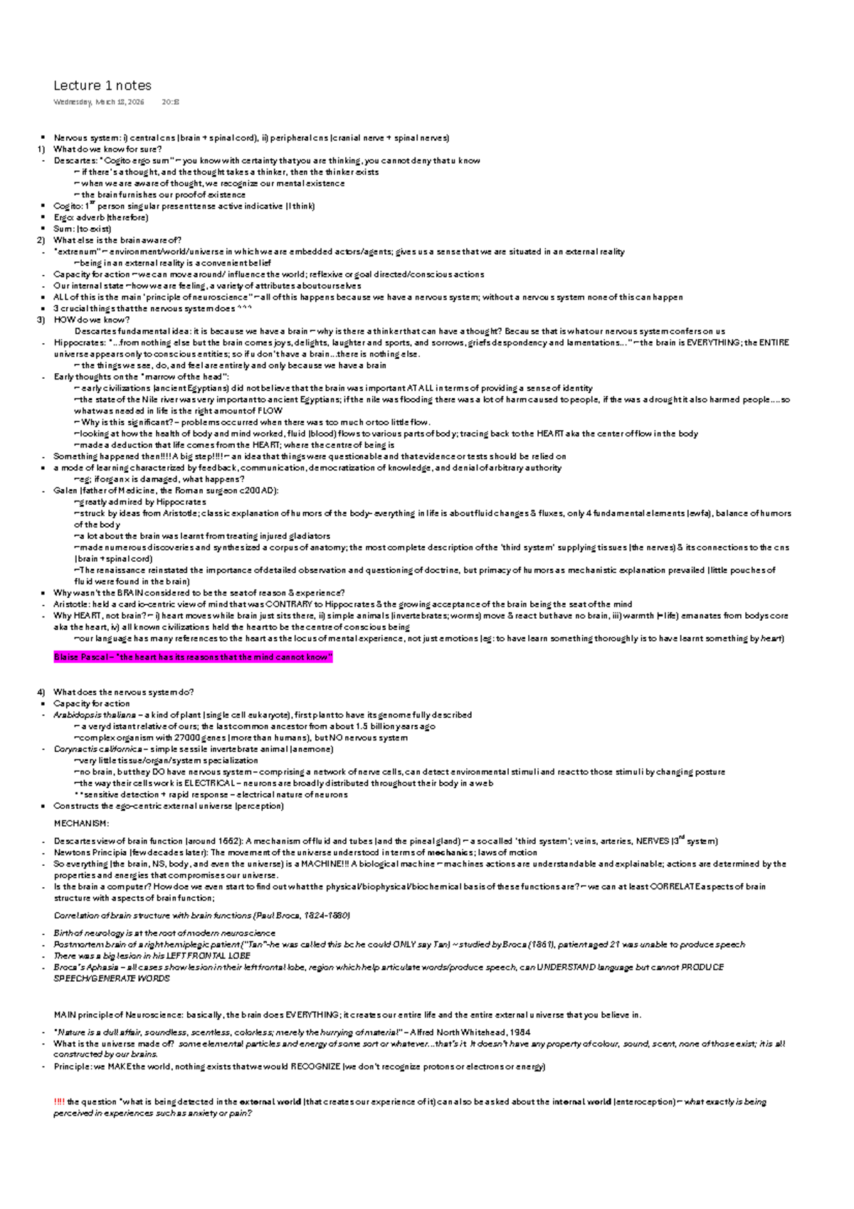 Principles of Neuroscience: Lecture 1 Notes on Nervous System - Studocu
