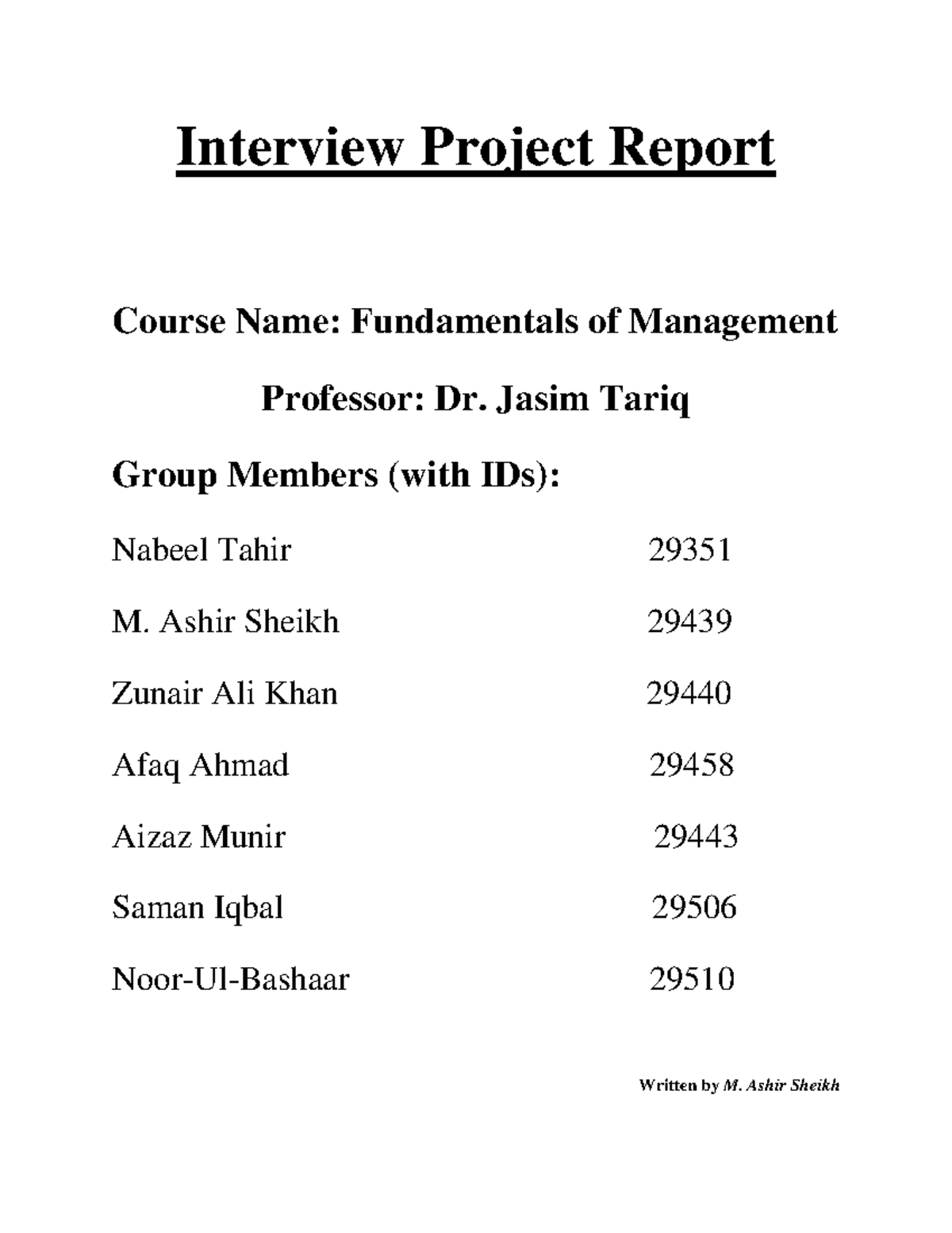 Fundamentals of Management: Interview Project Report Analysis - Studocu